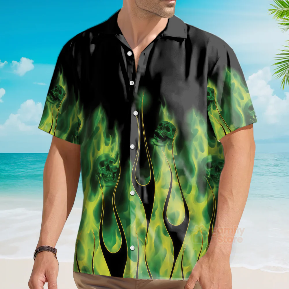 Green Flame Skull Flame - Chest Pocket Short Sleeve Hawaiian Shirt - Image 3