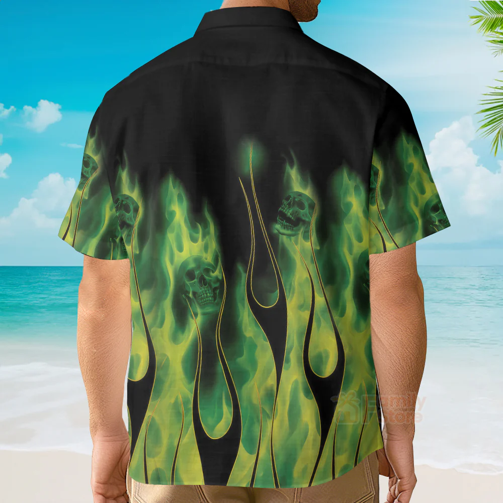 Green Flame Skull Flame - Chest Pocket Short Sleeve Hawaiian Shirt - Image 4