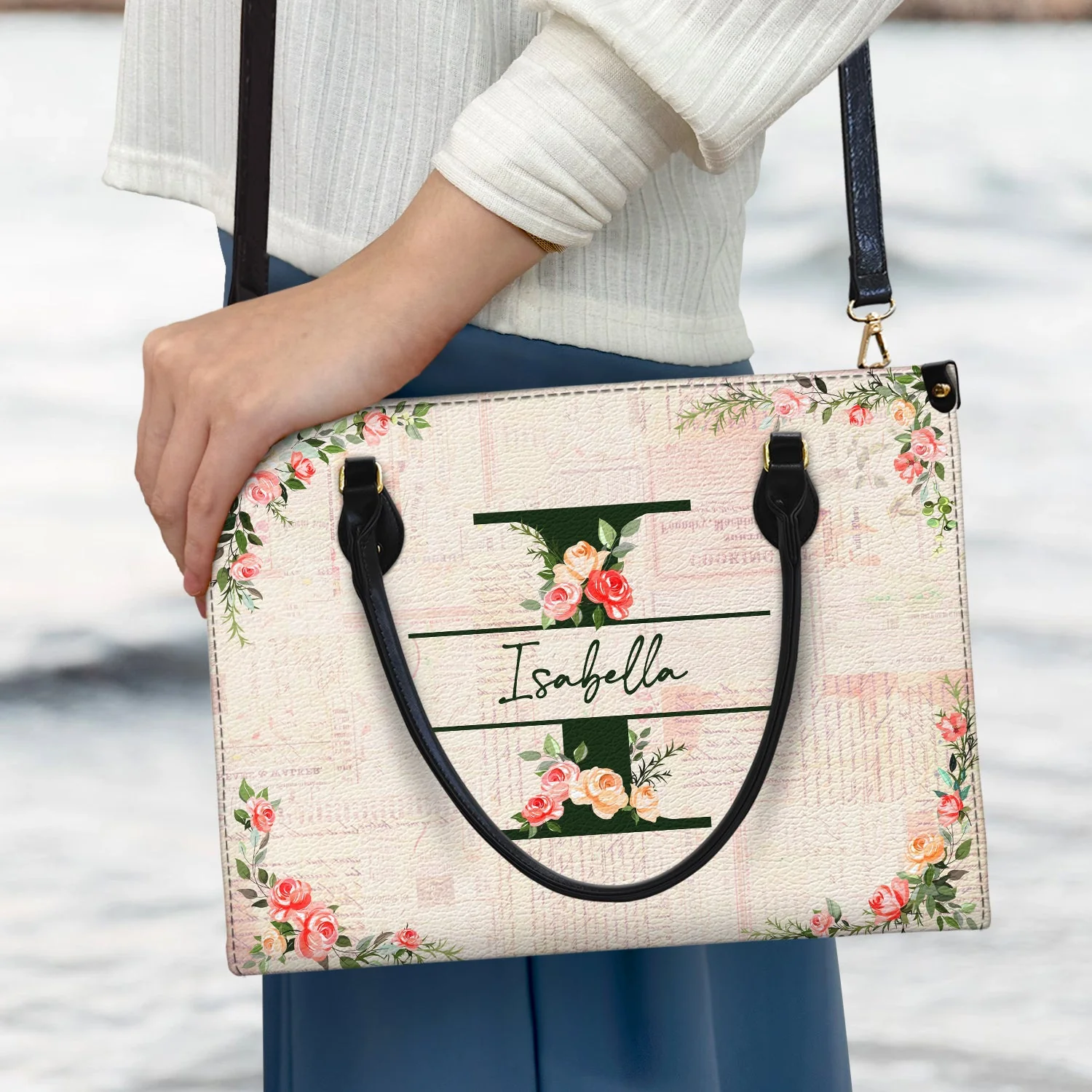 Floral Monogram Custom Name  - Personalized Leather Bag - Gift For Wife, Mother, Grandma, Grandmother, Mother's Day | NA94 - Image 3