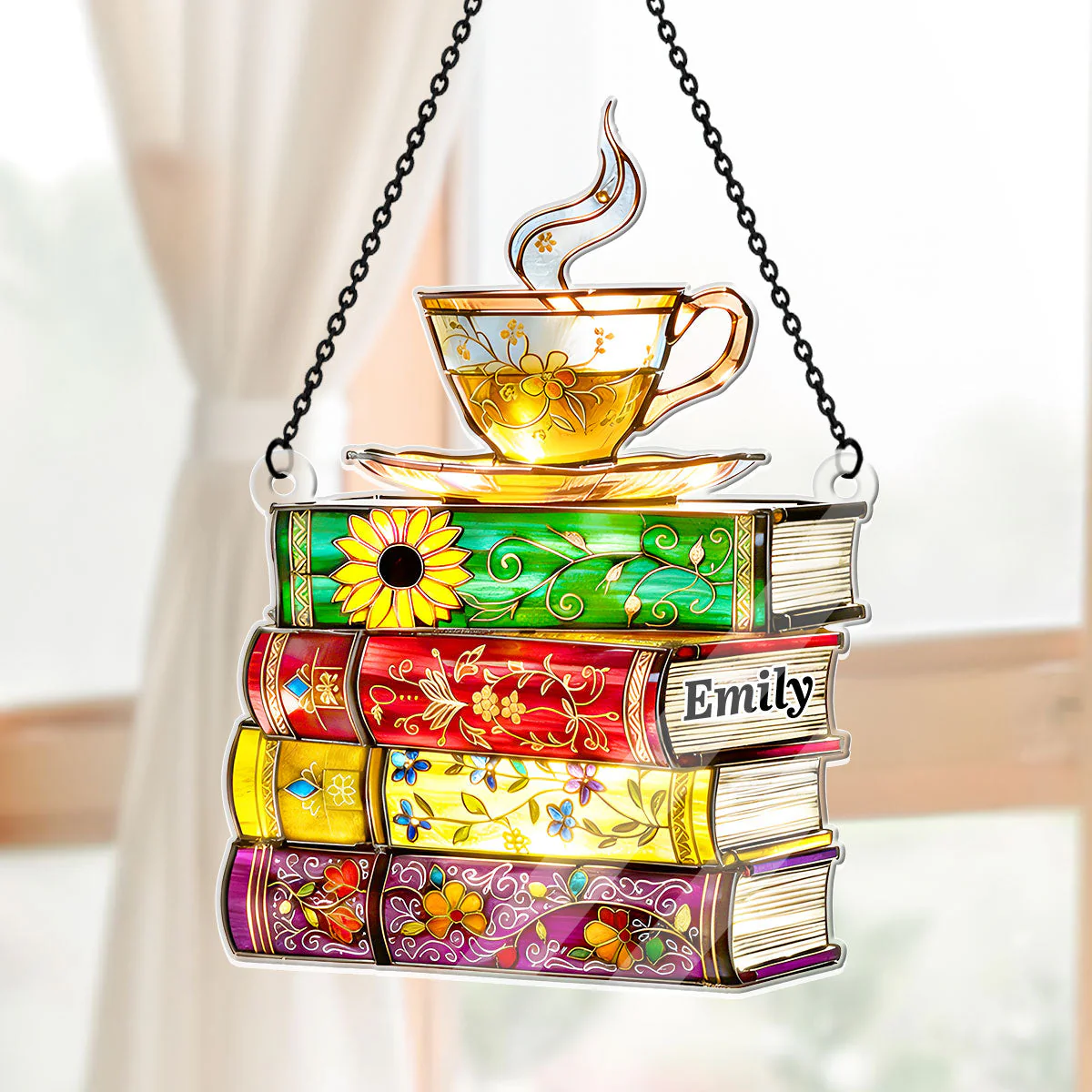 Flower Books And Tea - Personalized Acrylic Suncatcher - Gift For Book Lovers HH01 - Image 5