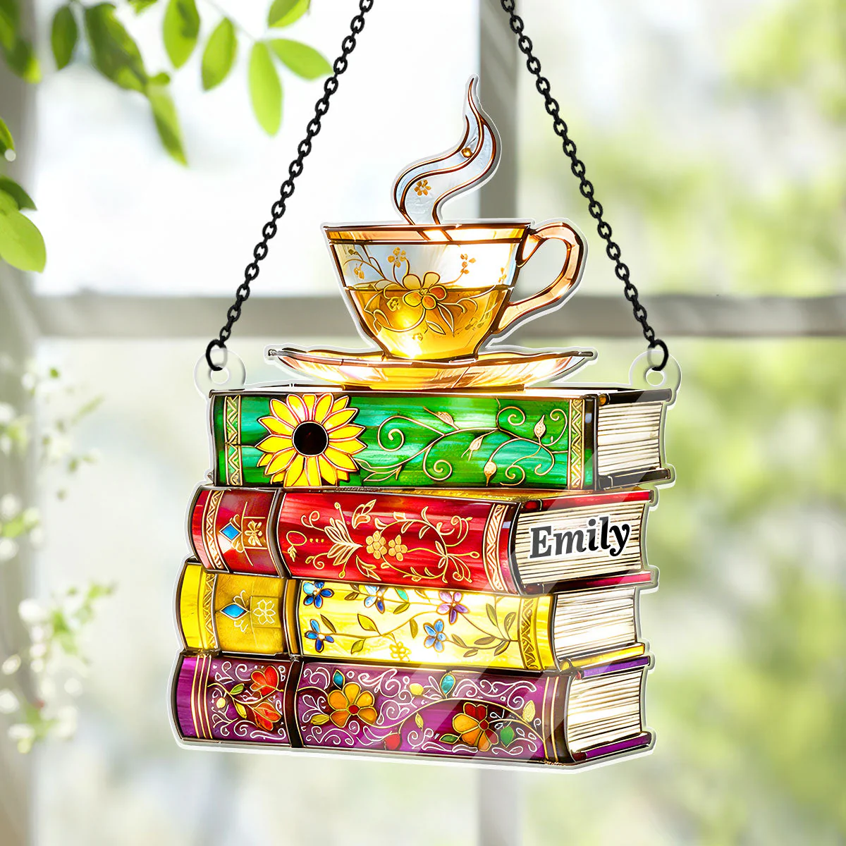 Flower Books And Tea - Personalized Acrylic Suncatcher - Gift For Books Lovers - Image 4