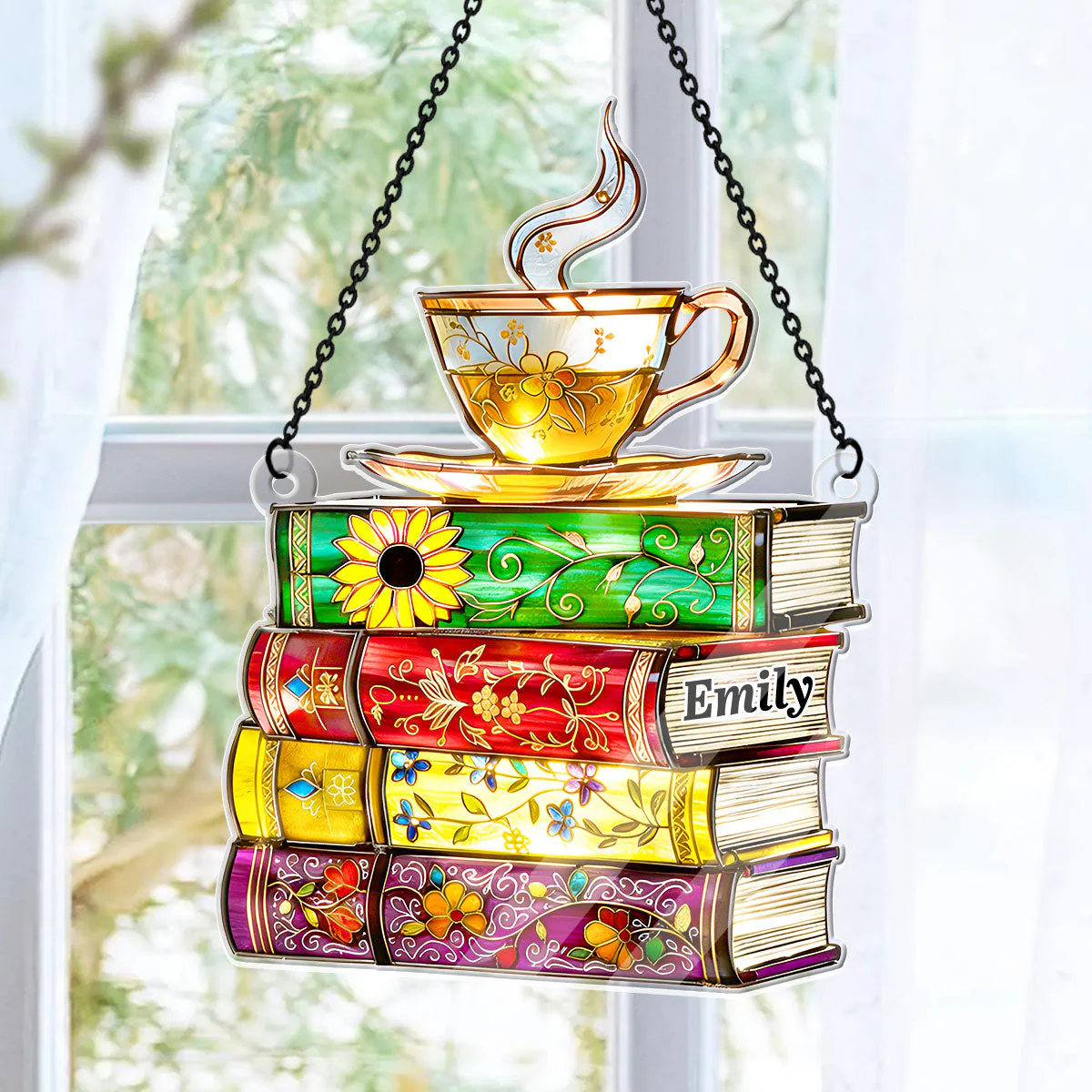 Flower Books And Tea - Personalized Acrylic Suncatcher - Gift For Books Lovers - Image 5
