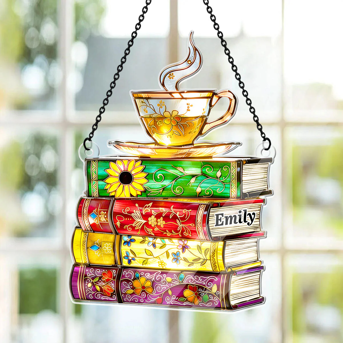 Flower Books And Tea - Personalized Acrylic Suncatcher - Gift For Books Lovers - Image 6