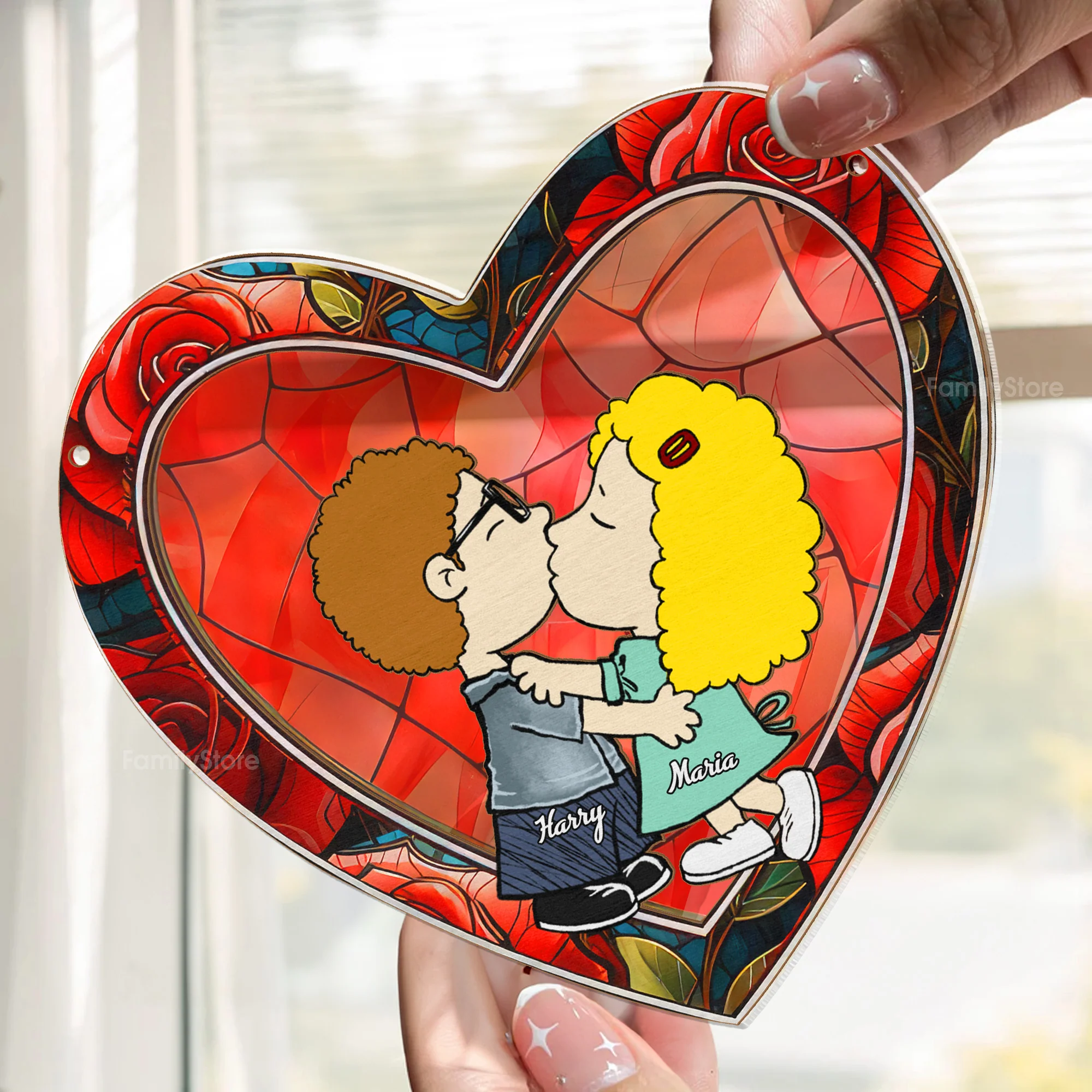 Flower Heart Peanut Couple - Personalized Window Hanging Suncatcher Ornament - Gift For Couple, Husband Wife | GR9 NH96 - Image 2