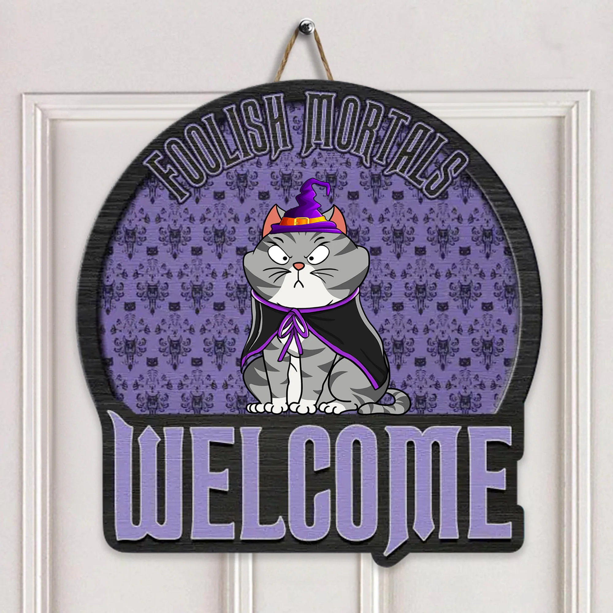 Foolish Mortals Welcome - Halloween Gift For Cat Lover - Personalized Custom Shaped Wood Sign - CLP01 NH96 - Image 4