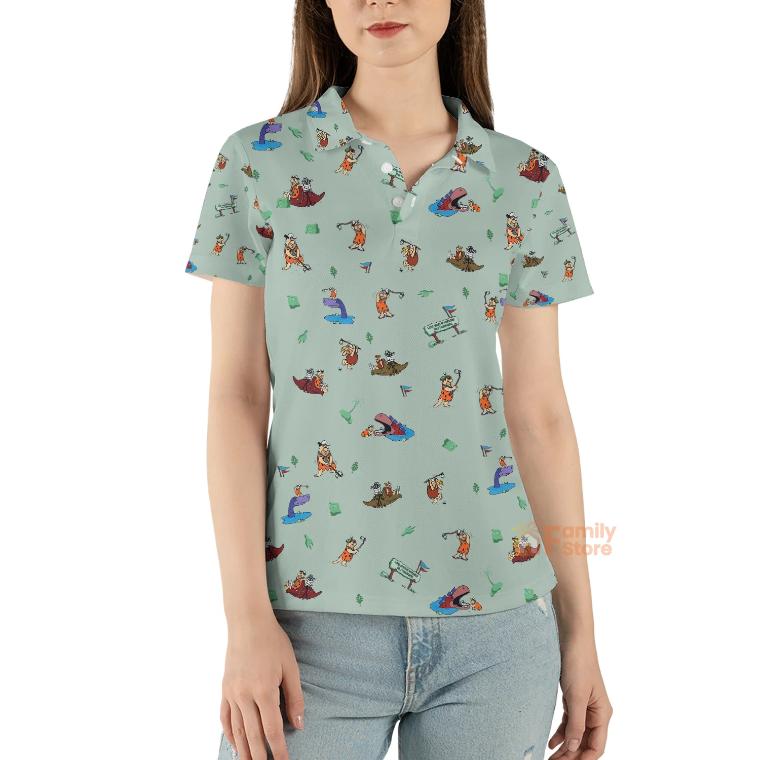 Fred Flintstone Playing Golf Pattern - Polo Shirt For Women - Image 4