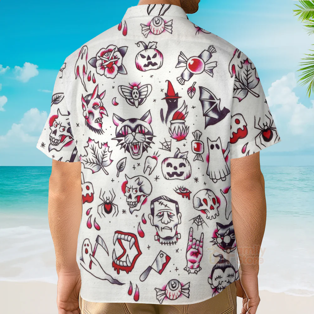 Fun Halloween Elements Tattoo Style Hawaiian Shirt - Image 4