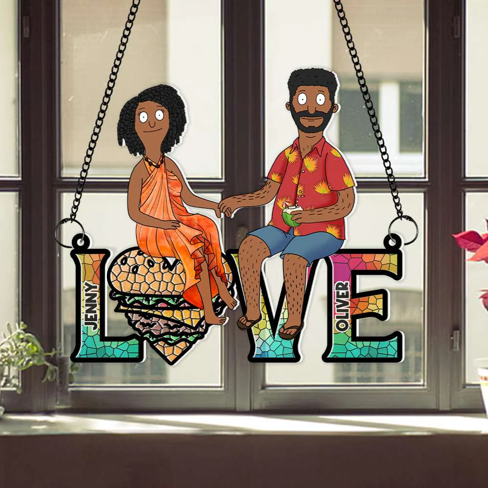 Funny Burgers Cartoon Couple Anniversary - Gift For Couple, Anniversary - Personalized Window Hanging Window Hanging Suncatcher Ornament | CL55 - Image 2