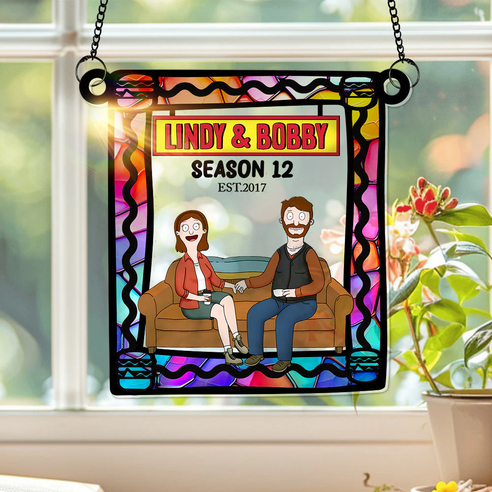 Funny Burgers Cartoon Couple Anniversary - Gift For Couple, Anniversary - Personalized Window Hanging Window Hanging Suncatcher Ornament | CL55