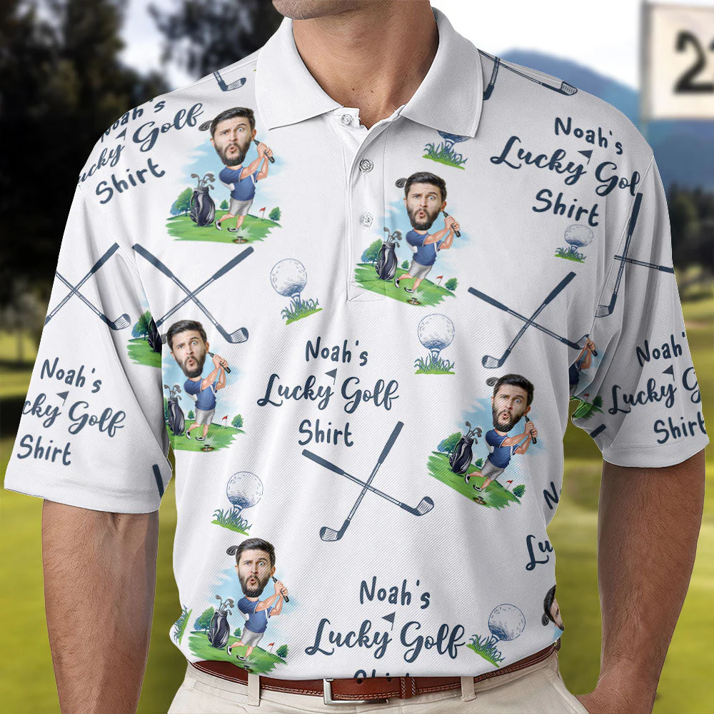 Funny Custom Photo Lucky Golf Shirt -  Personalized Men Polo Shirt - Gift For Dad, Grandpa - Image 2