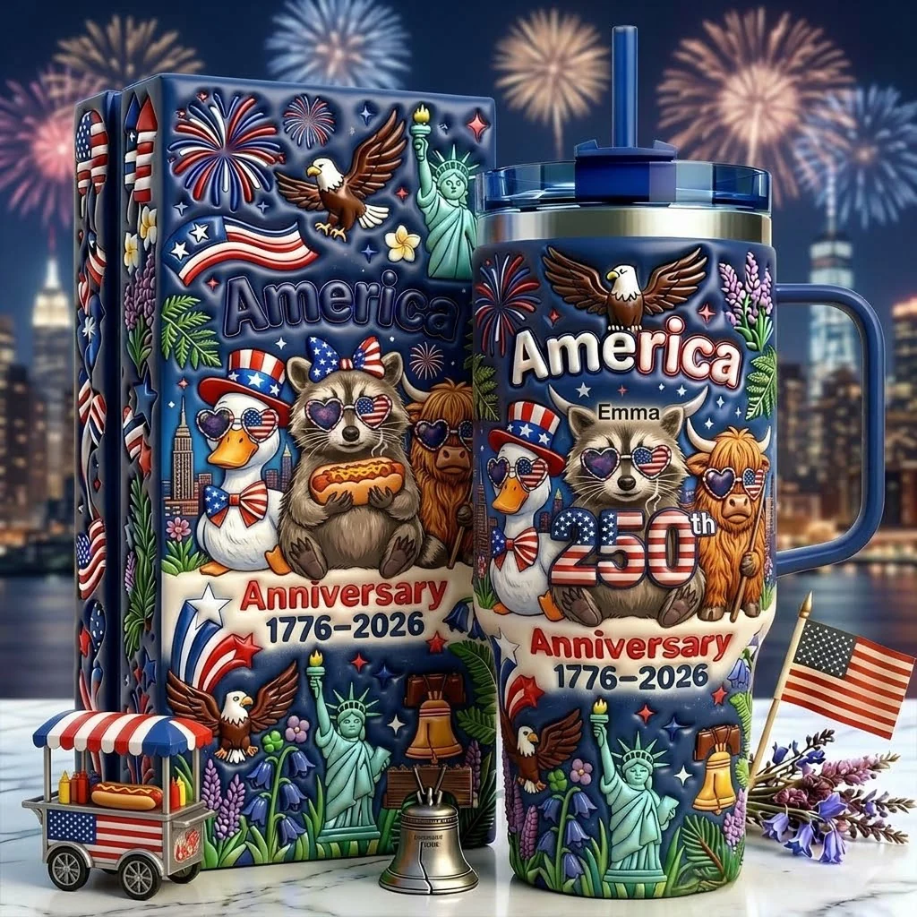 Funny Duck Raccoon Highland Cow America 250th Anniversary - Personalized Tumbler - Gift For Patriots - Image 2