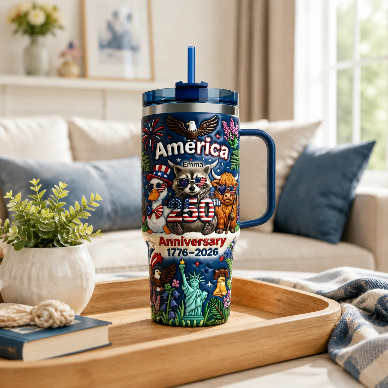 Funny Duck Raccoon Highland Cow America 250th Anniversary - Personalized Tumbler - Gift For Patriots - Image 3