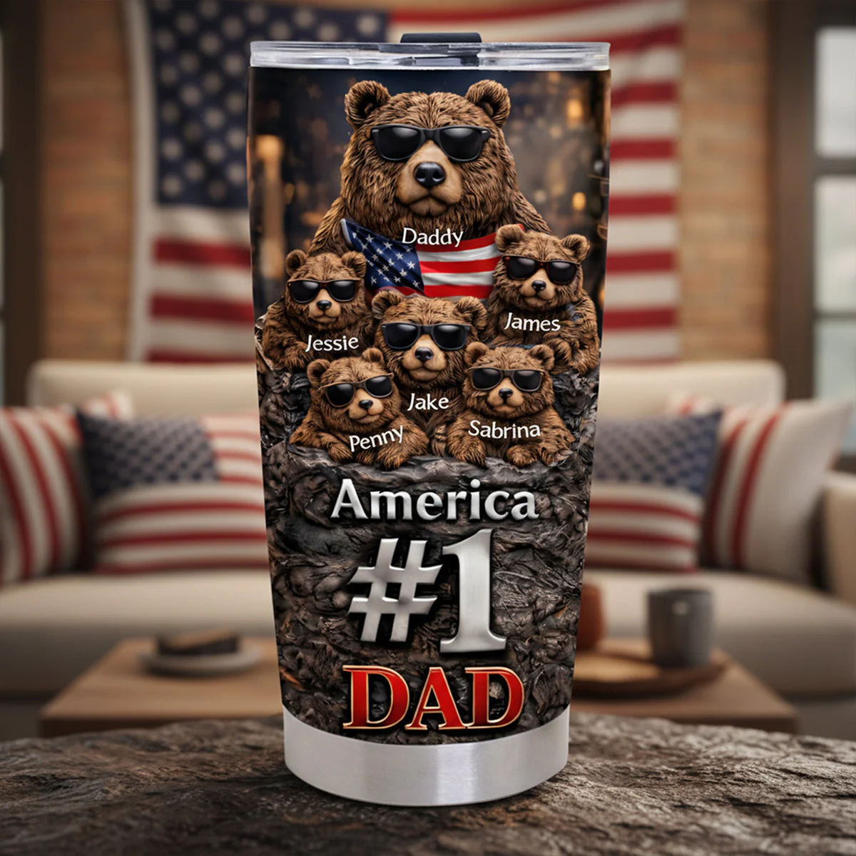 Funny Patriotic Bears with Sunglasses American Flag - Personalized Tumbler - Gift For Dad - Image 2