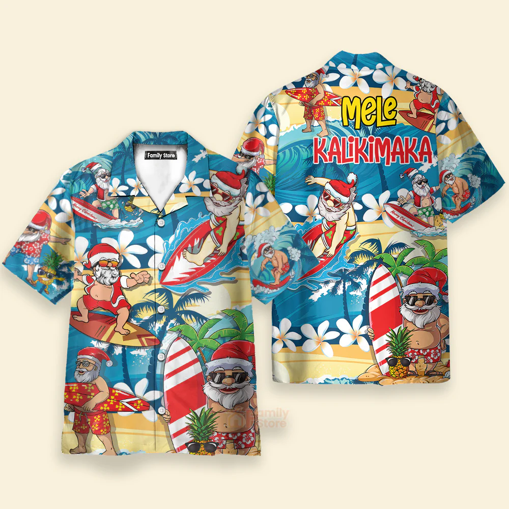 Funny Santa Mele Kalikimaka Christmas In July Surfing Lover Hawaiian Shirt - Image 2