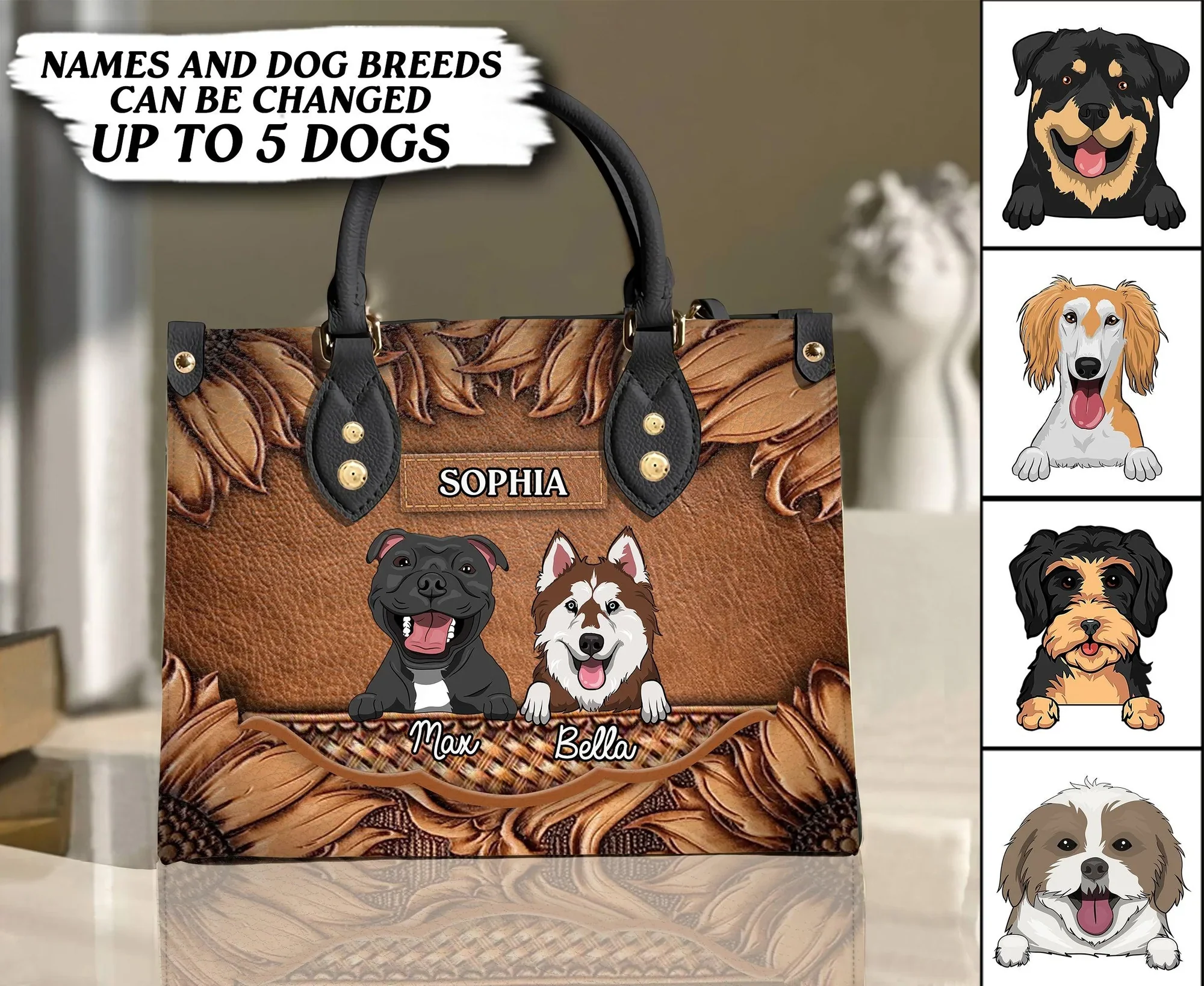Furry Friends Are The Ultimate Healers Brown Flowers - Personalized Leather Handbag - Gift for Dog Lovers, Dog Mom | CLP14 NH96