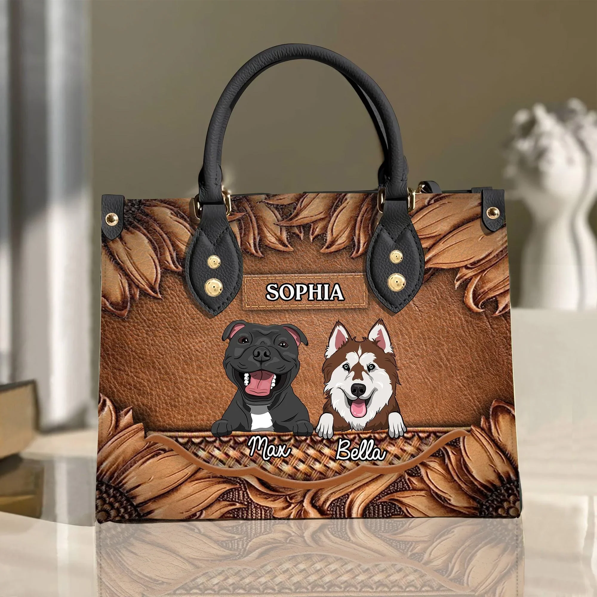 Furry Friends Are The Ultimate Healers Brown Flowers - Personalized Leather Handbag - Gift for Dog Lovers, Dog Mom | CLP14 NH96 - Image 2