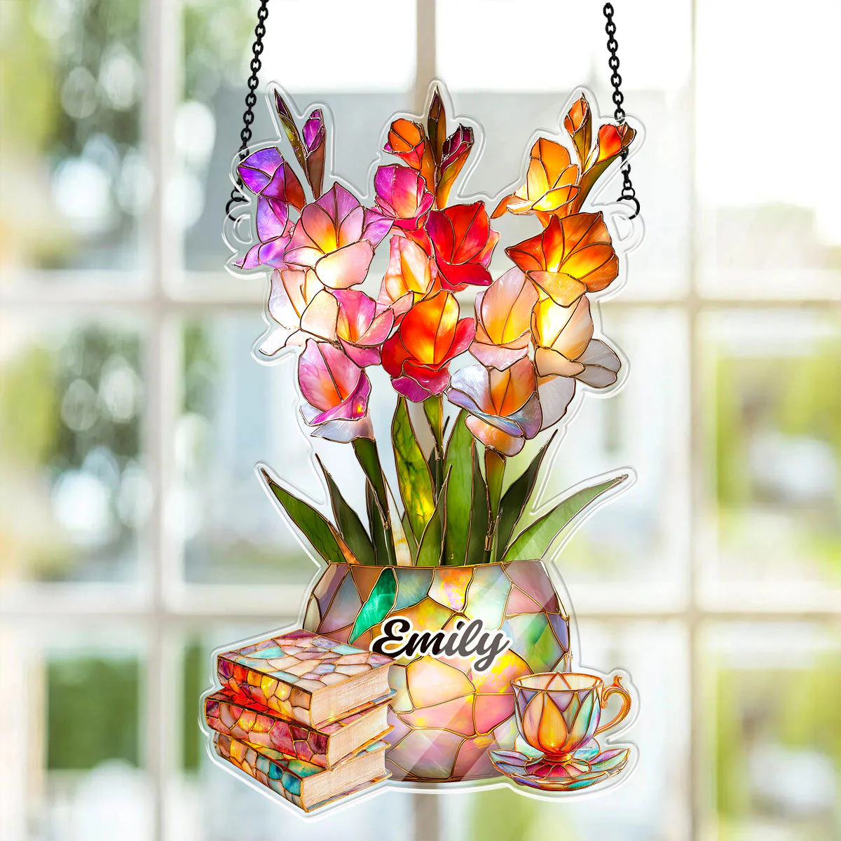 Gladiolus, Books, And Tea - Personalized Acrylic Suncatcher - Gift For Her, Book Lovers HH01 - Image 3