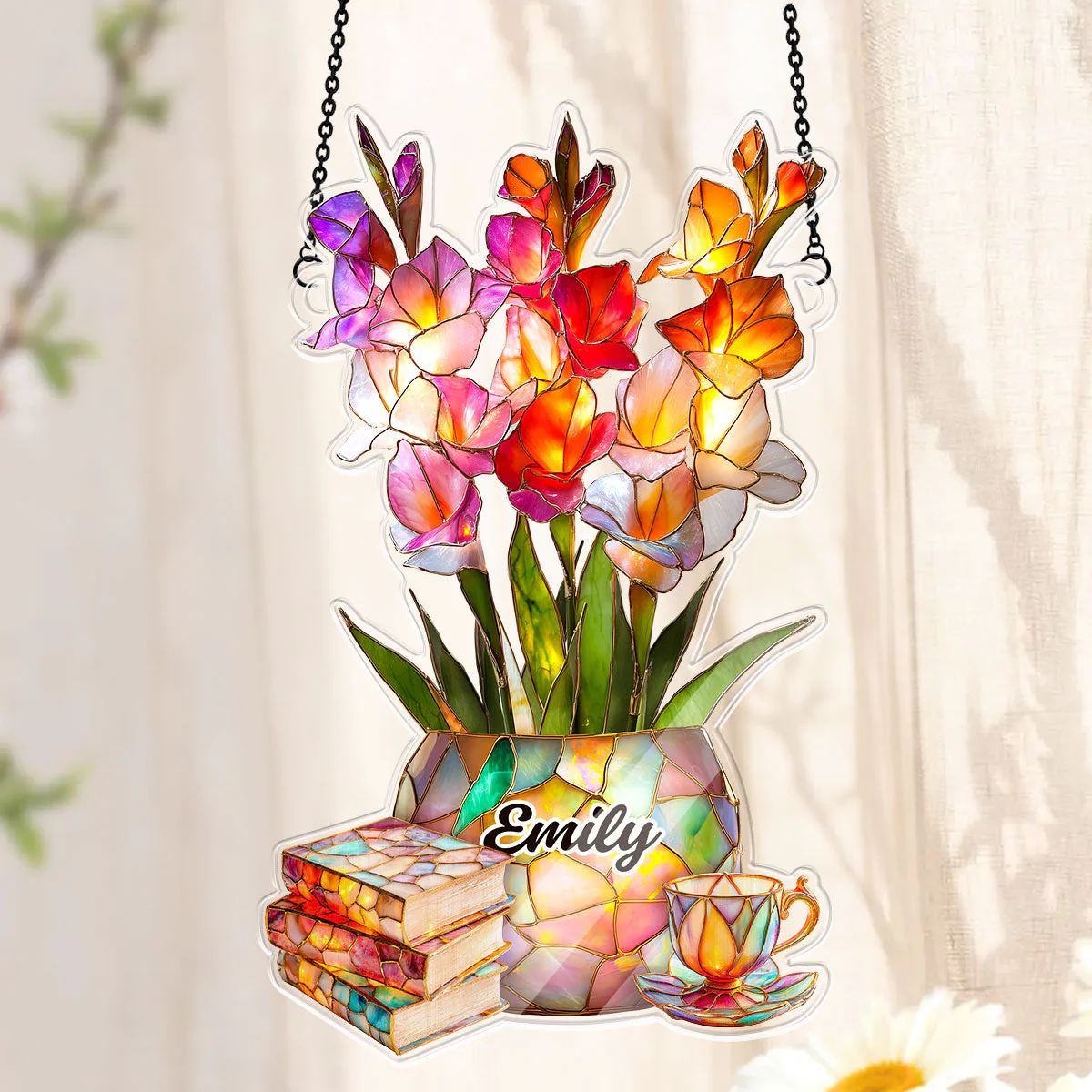 Gladiolus, Books, And Tea - Personalized Acrylic Suncatcher - Gift For Her, Book Lovers HH01 - Image 4