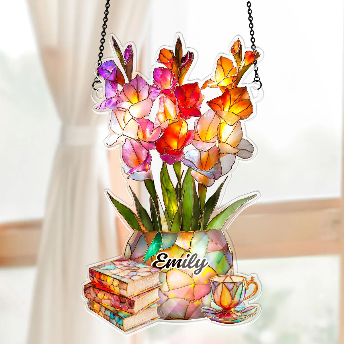Gladiolus, Books, And Tea - Personalized Acrylic Suncatcher - Gift For Her, Book Lovers HH01 - Image 5