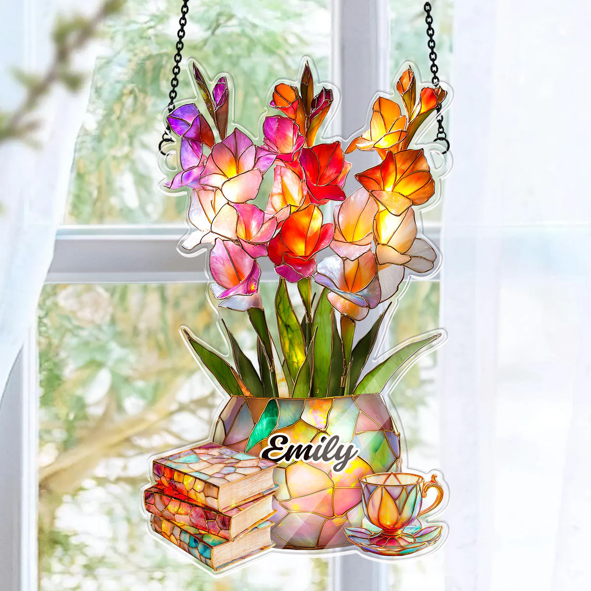 Gladiolus, Books, And Tea - Personalized Acrylic Suncatcher - Gift For Her, Book Lovers HH01 - Image 6