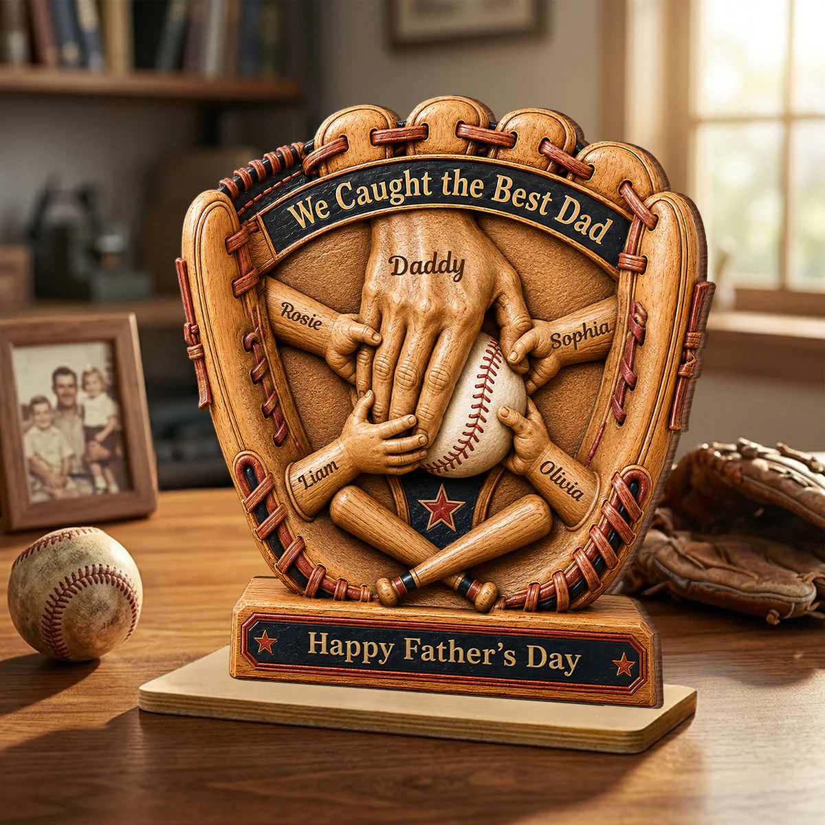 Glove Dad And Kid's Hands We Caught The Best Baseball Dad - Personalized Standing Wooden Plaque - Gift For Dad, Baseball Lovers
