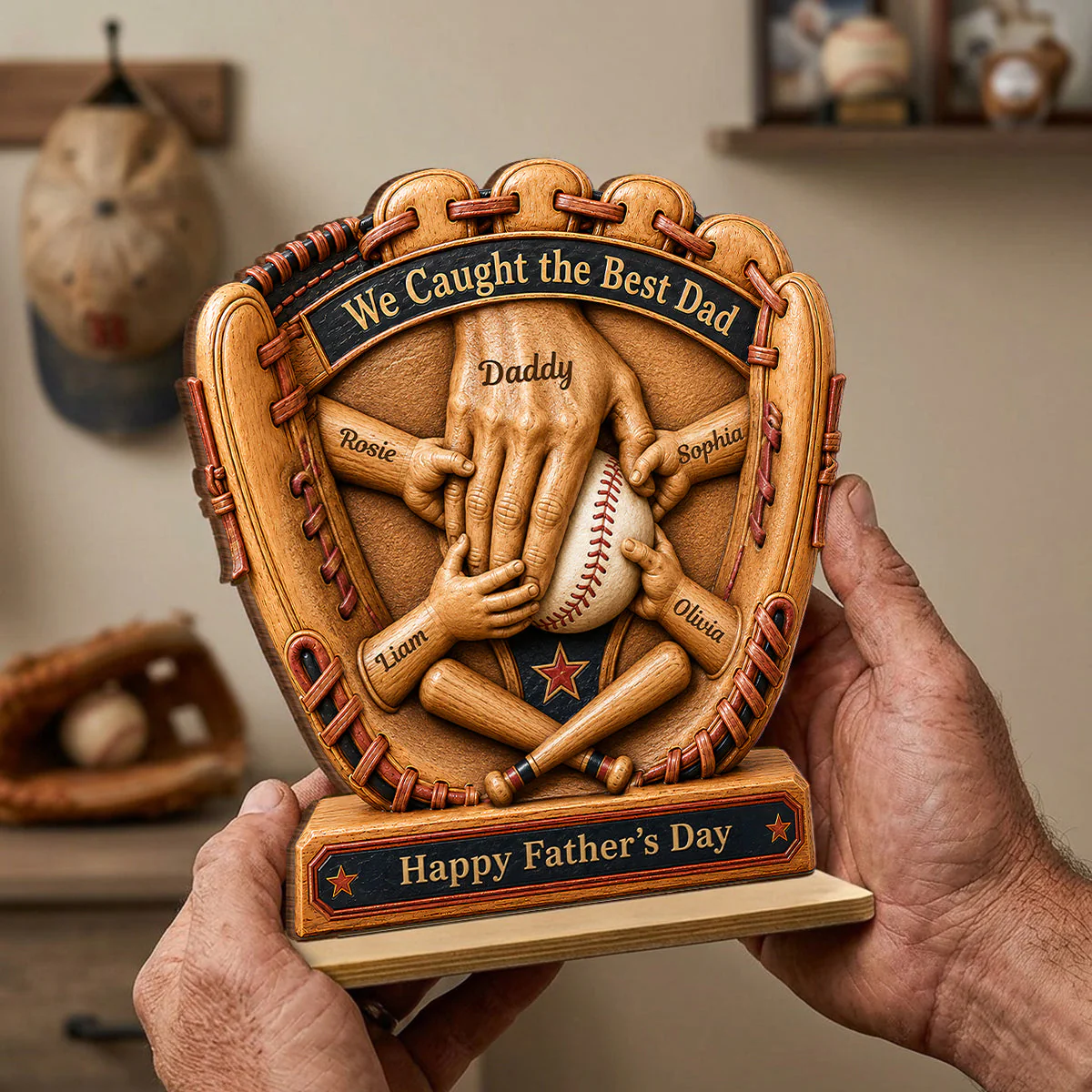 Glove Dad And Kid's Hands We Caught The Best Baseball Dad - Personalized Standing Wooden Plaque - Gift For Dad, Baseball Lovers - Image 3