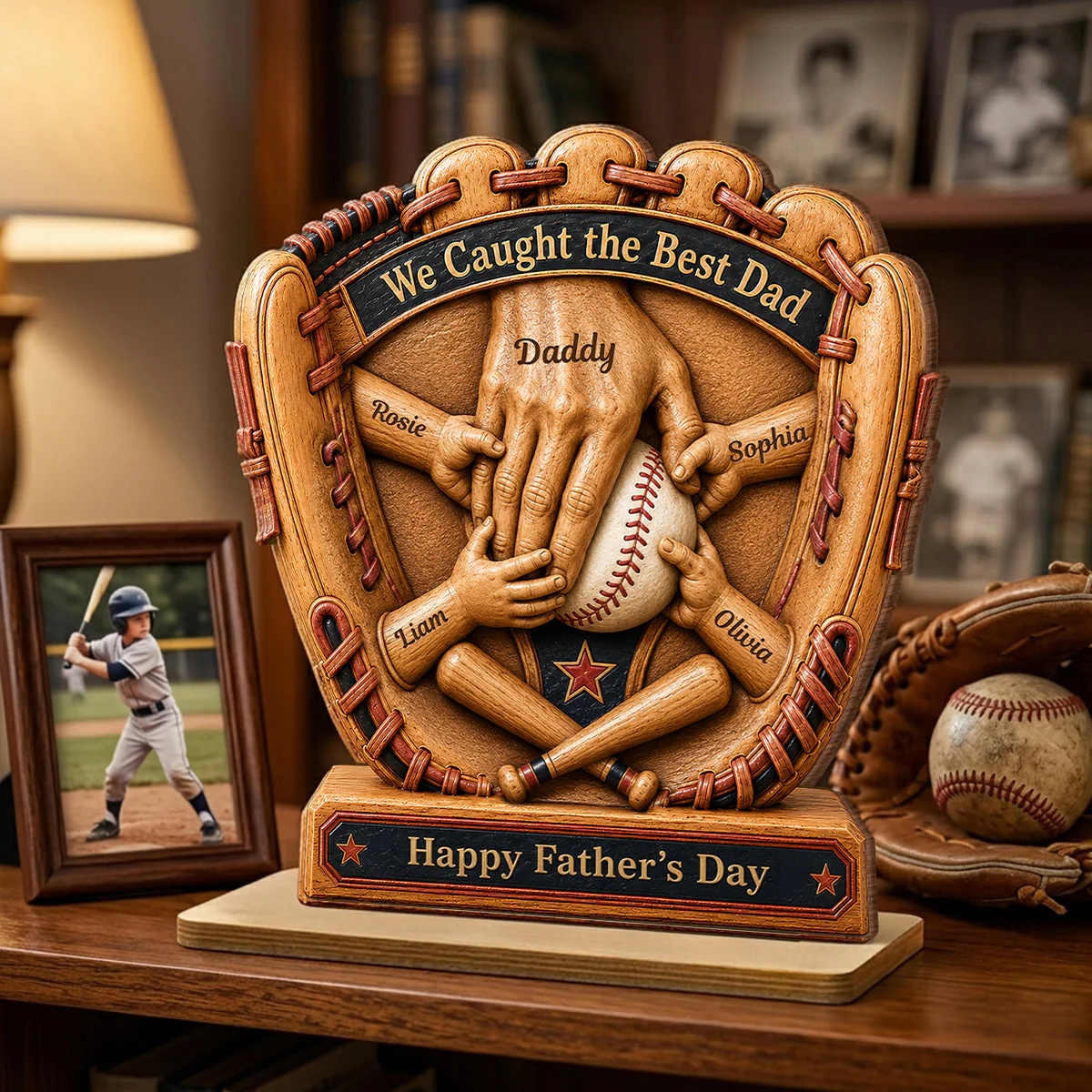 Glove Dad And Kid's Hands We Caught The Best Baseball Dad - Personalized Standing Wooden Plaque - Gift For Dad, Baseball Lovers - Image 4