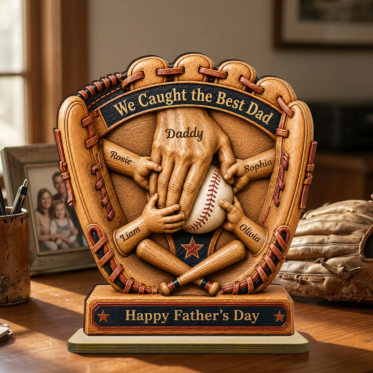 Glove Dad And Kid's Hands We Caught The Best Baseball Dad - Personalized Standing Wooden Plaque - Gift For Dad, Baseball Lovers - Image 5