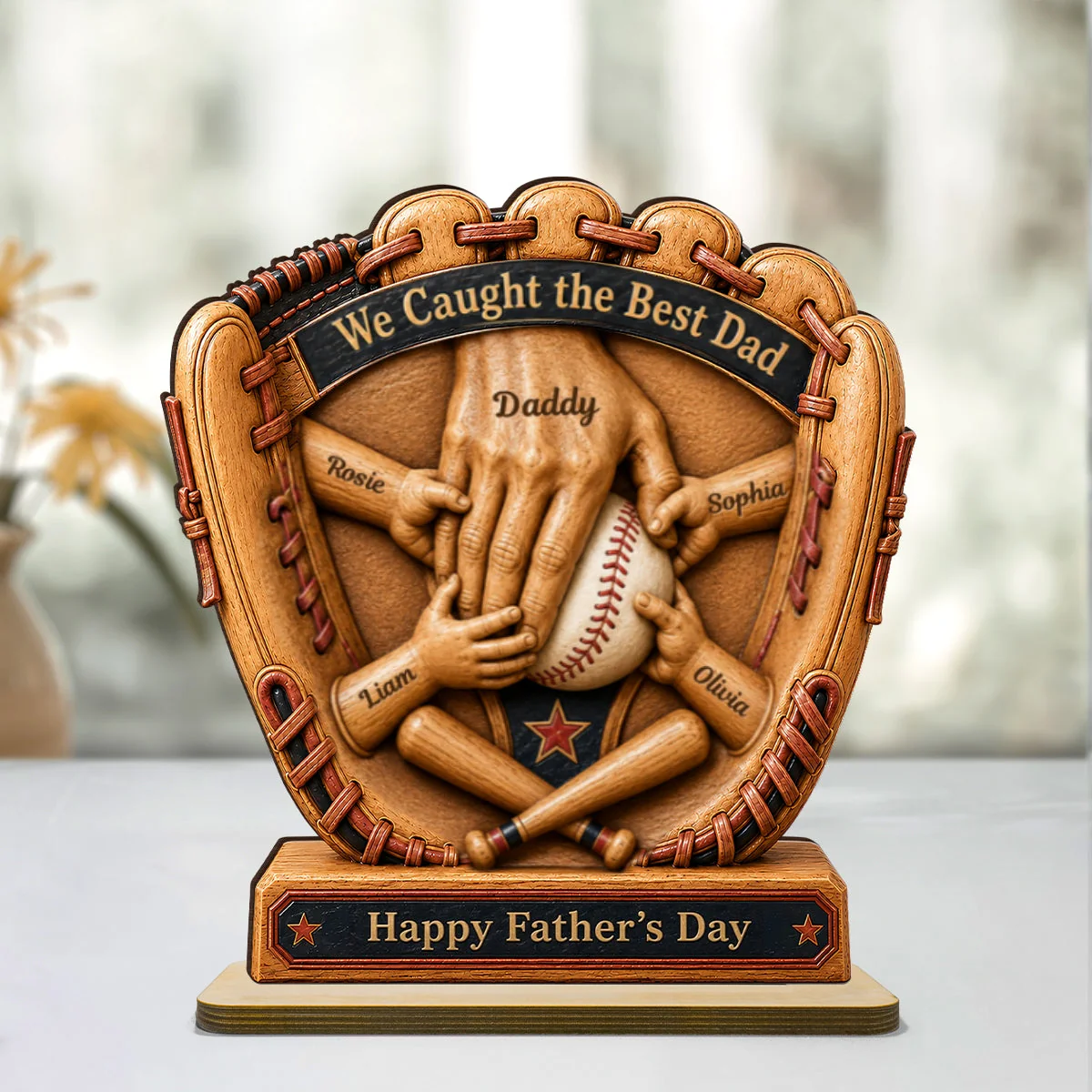 Glove Dad And Kid's Hands We Caught The Best Baseball Dad - Personalized Standing Wooden Plaque - Gift For Dad, Baseball Lovers - Image 7