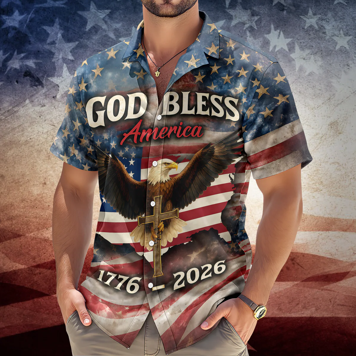 God Bless America Eagle 1776–2026 - Hawaiian Shirt - Gift for Dad, Husband, Grandpa HN02 - Image 2