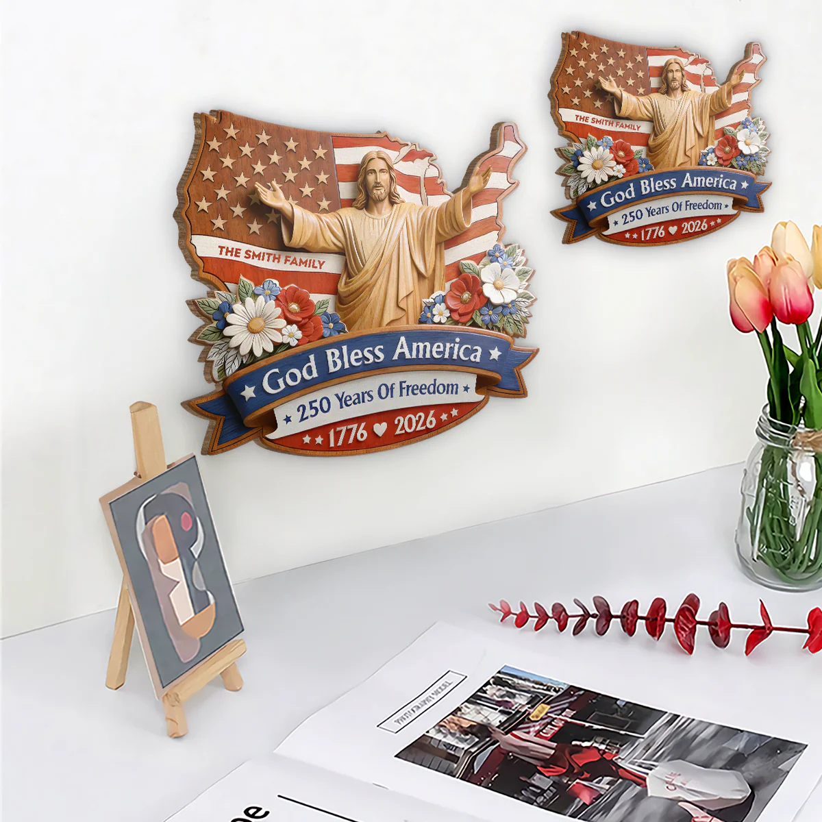 God Bless America - Personalized Wooden Door Sign - 250 Years Of Independence Day Gift For Family BA01 - Image 3