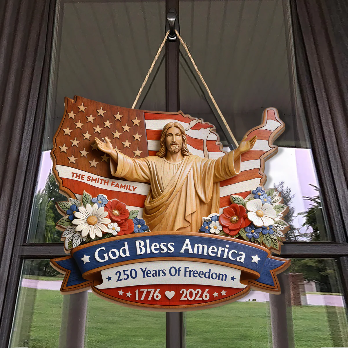 God Bless America - Personalized Wooden Door Sign - 250 Years Of Independence Day Gift For Family BA01 - Image 4