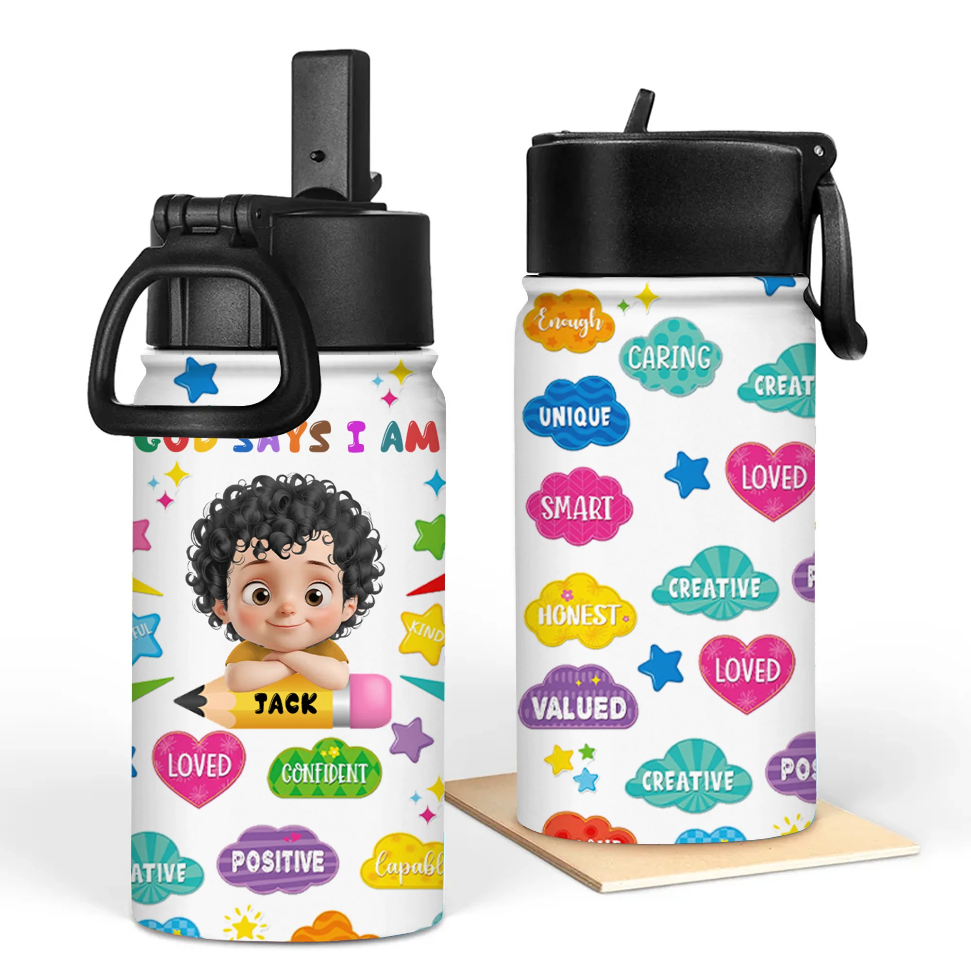 God Says I Am Affirmation Station - Personalized Kid Water Bottle - Back To School Gift For Kids | GR26. TD118
