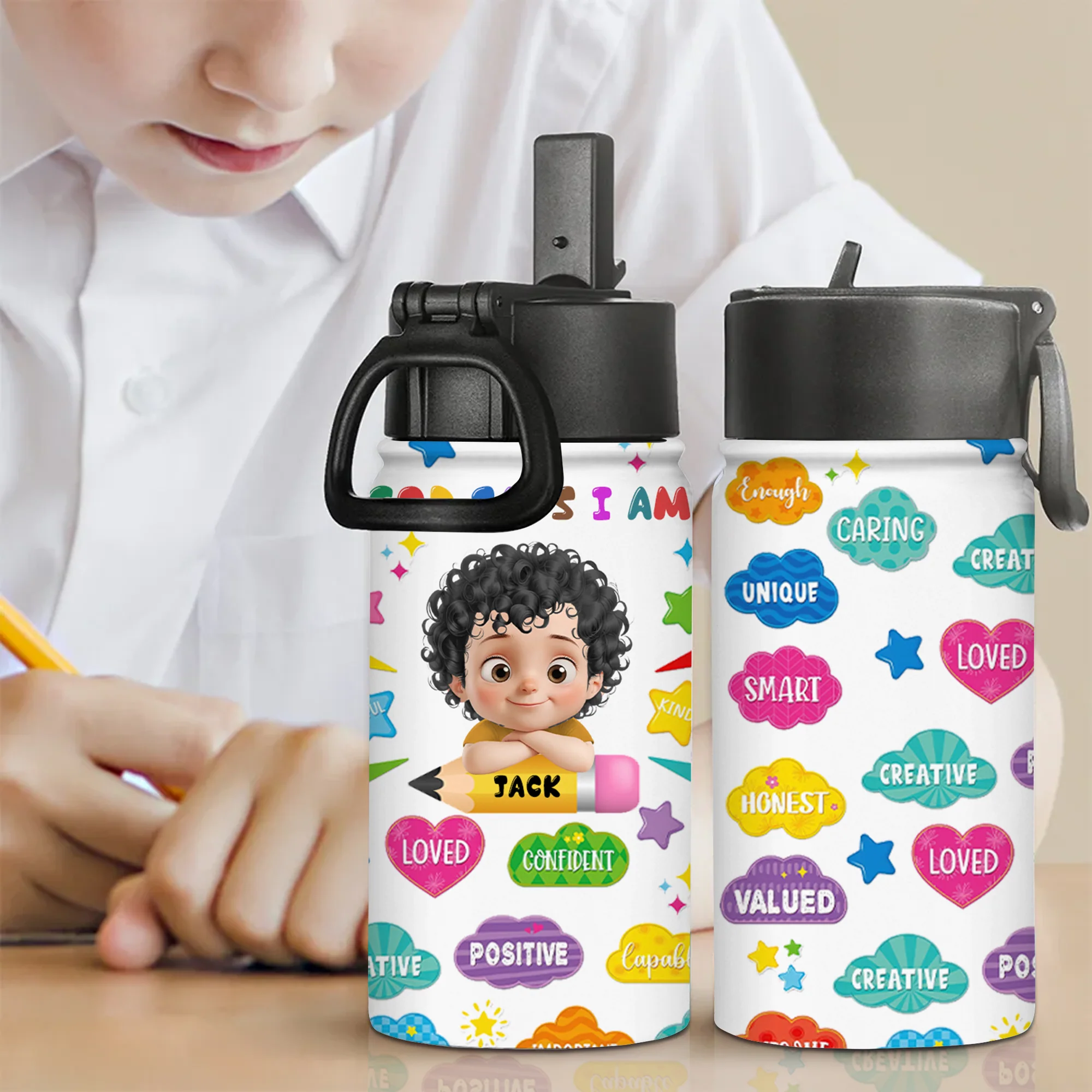 God Says I Am Affirmation Station - Personalized Kid Water Bottle - Back To School Gift For Kids | GR26. TD118 - Image 2