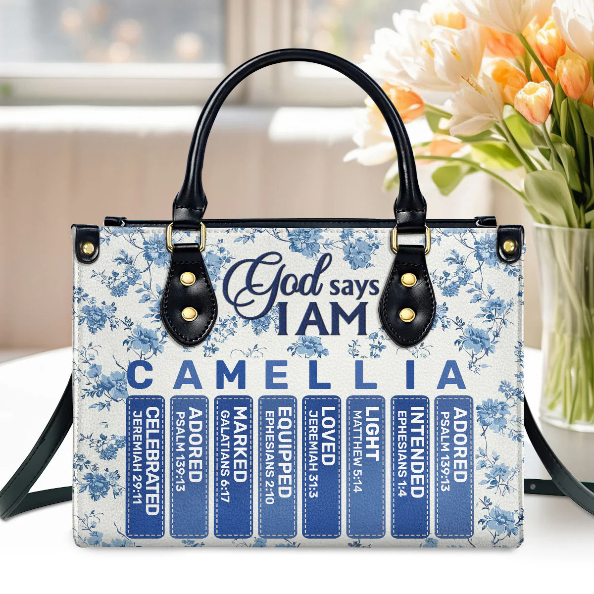God Says I Am Toile De Jouy Style - Personalized Leather Handbag