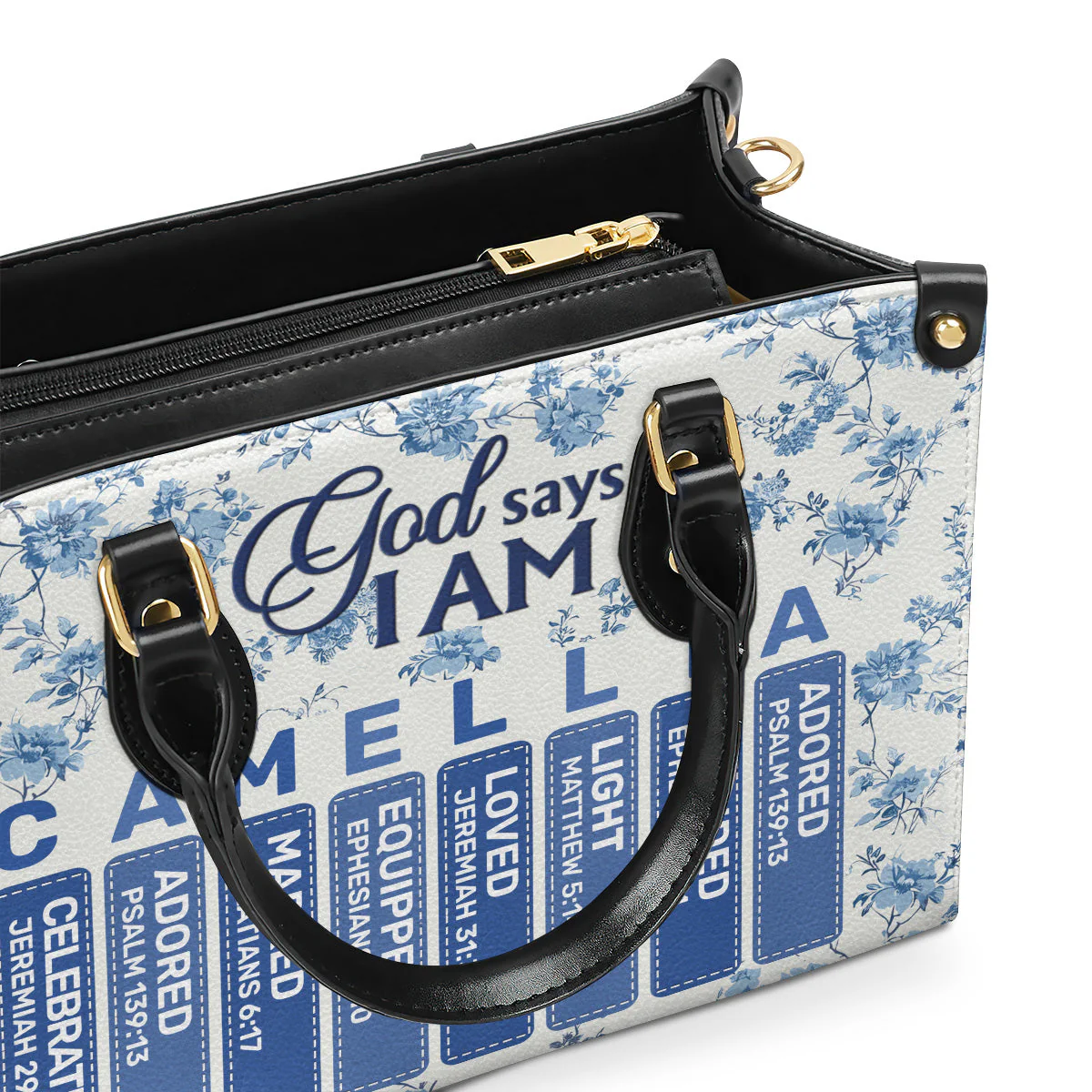 God Says I Am Toile De Jouy Style - Personalized Leather Handbag - Image 5