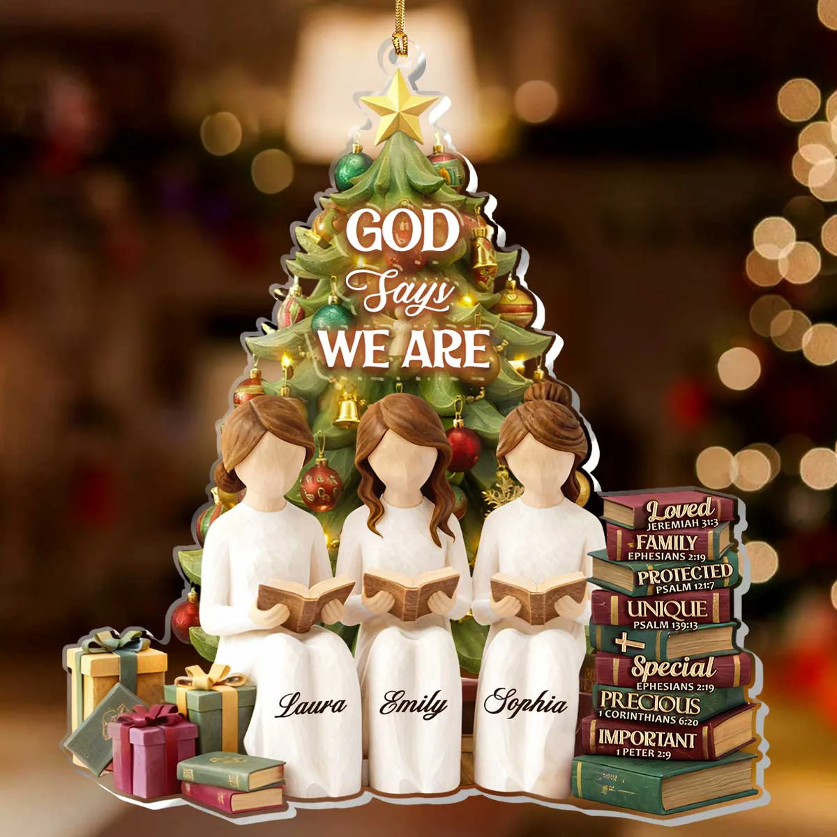 God Says We Are Reading Next To Christmas Tree - Personalized 1-Layer Acrylic Ornament HL128 - Image 2
