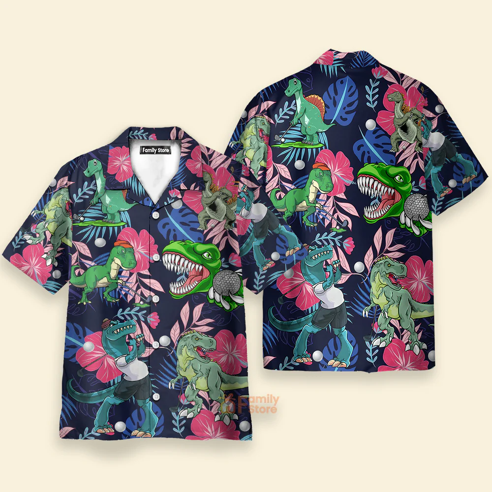 Golf Funny Dinosaur Back Nines Matter Tropical Pattern - Hawaiian Shirt - Image 3