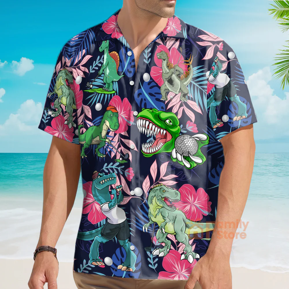 Golf Funny Dinosaur Back Nines Matter Tropical Pattern - Hawaiian Shirt - Image 4