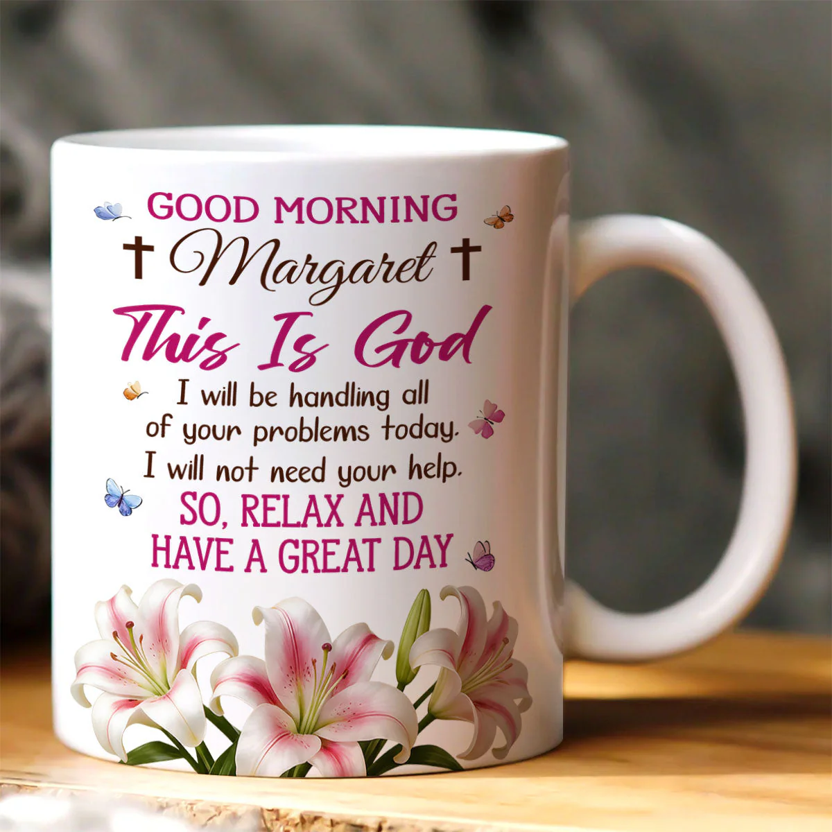 Good Morning This Is God - Personalized White Edge-to-Edge Coffee Mug - Christian Gift