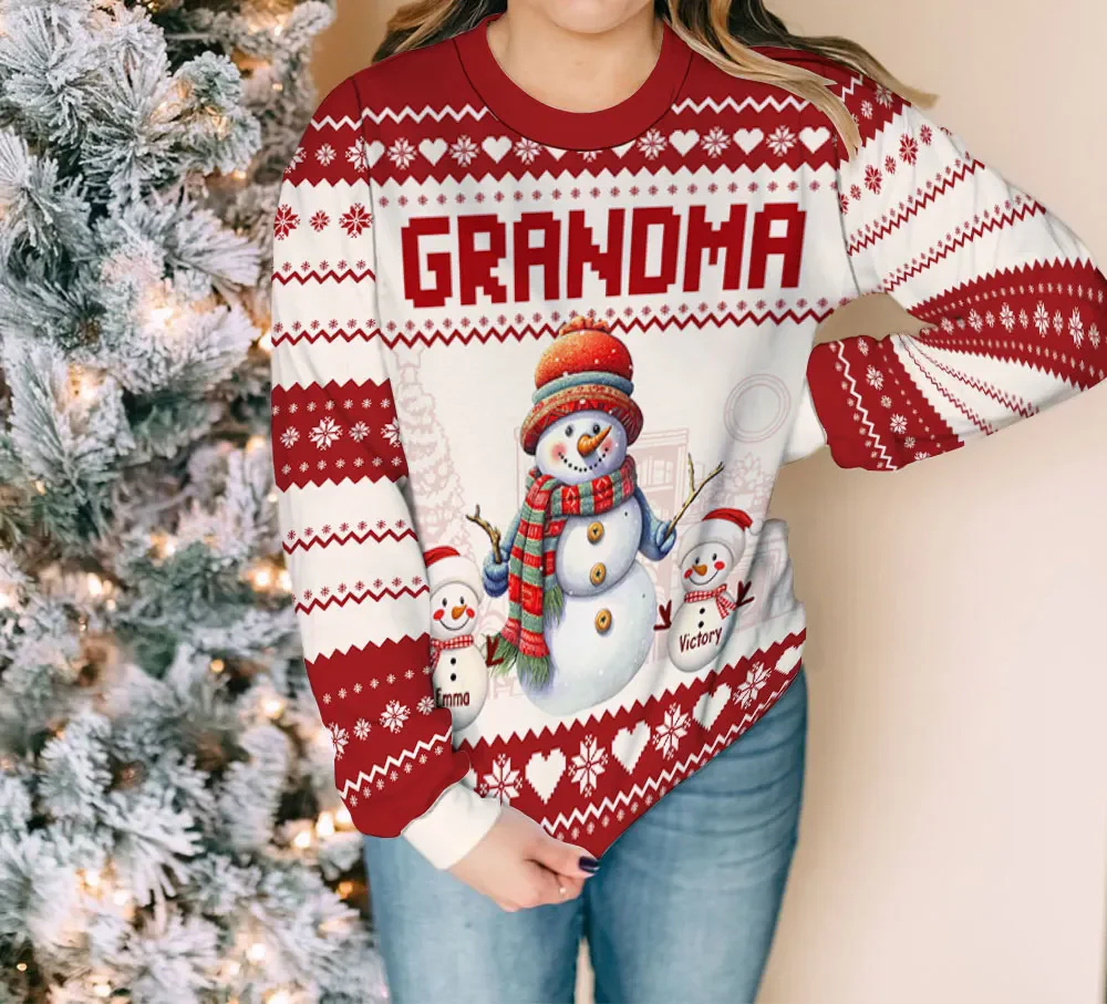 Grandma And Grandkids Snowman Christmas - Personalized Ugly Sweater - Gift For Family HH01 - Image 2
