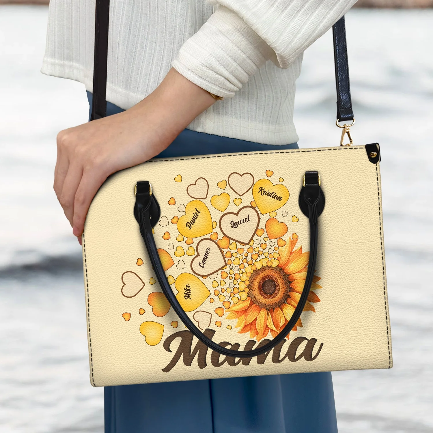Grandma Mom Kids Sunflower - Personalized Leather Bag - Gift For Mother, Grandma, Grandmother, Mother's Day | NA94 - Image 3