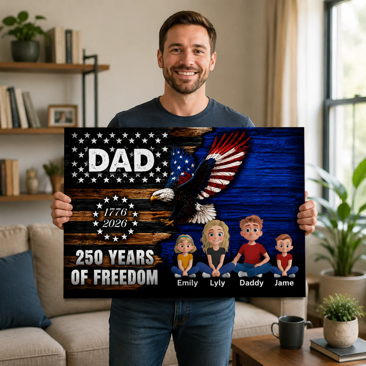 Grandpa Dad Nation Flag 250 Years Of American Freedom - Personalized Poster Canvas - Gifts For Dad, Grandpa, Patriotic Family