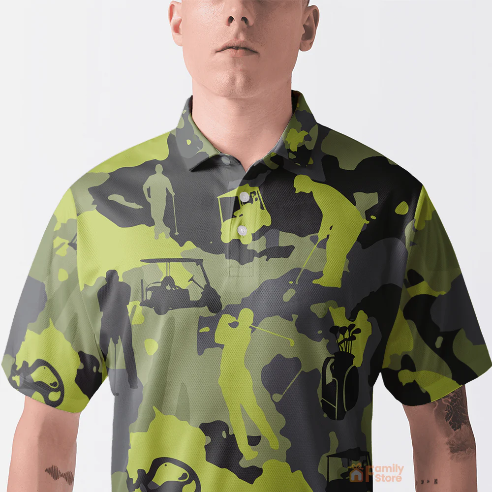 Green And Grey Camouflage, Military Streetwear, Camo Men Golf Polo Shirt - Image 3