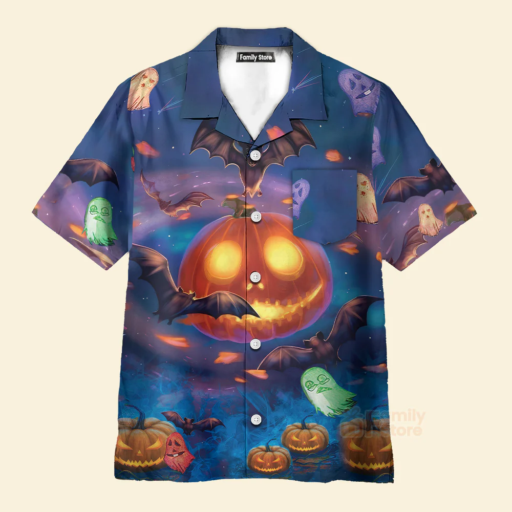 Halloween Glowing Pumpkins By Night With Bat - Hawaiian Shirt - Image 2
