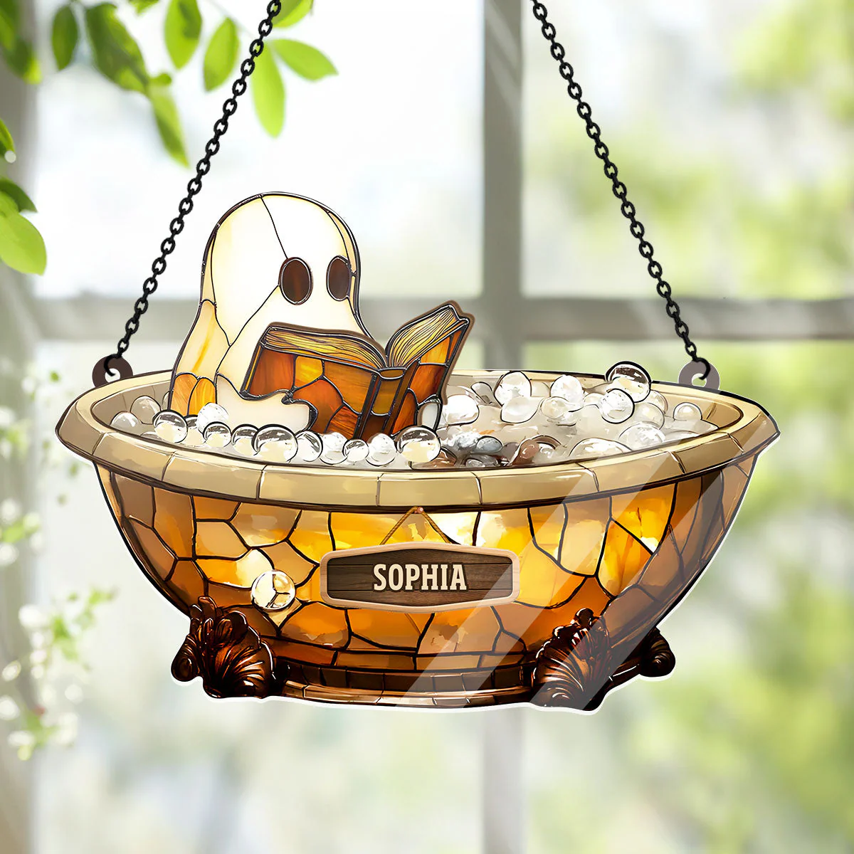 Halloween Reading Book Lover - Personalized Window Hanging Suncatcher - Image 4