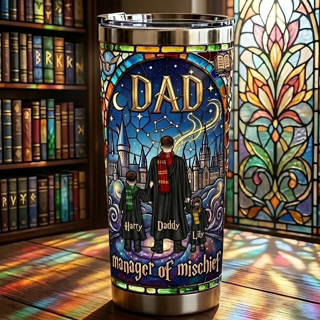 HaPo Dad Manager of Mischief Fantasy - Personalized Stained Glass Tumbler - Gifts For Dad - Image 3