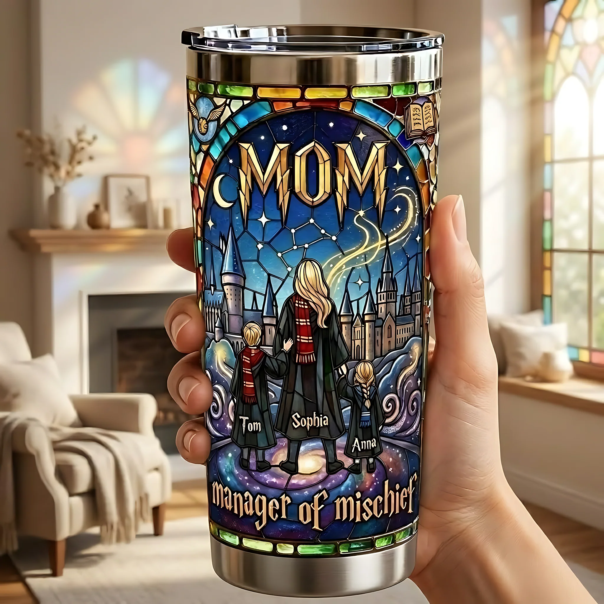 HaPo Mom Manager of Mischief Fantasy - Personalized Stained Glass Tumbler - Gifts For Mom - Image 2