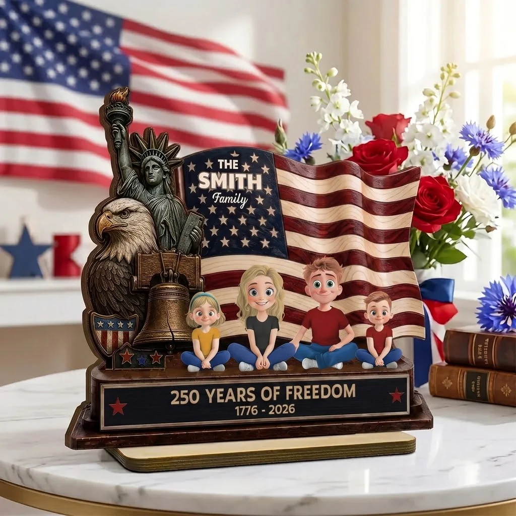 Happy 250th Anniversary Of American Freedom - Personalized Standing Wooden Plaque - Gifts For Patriotic Family