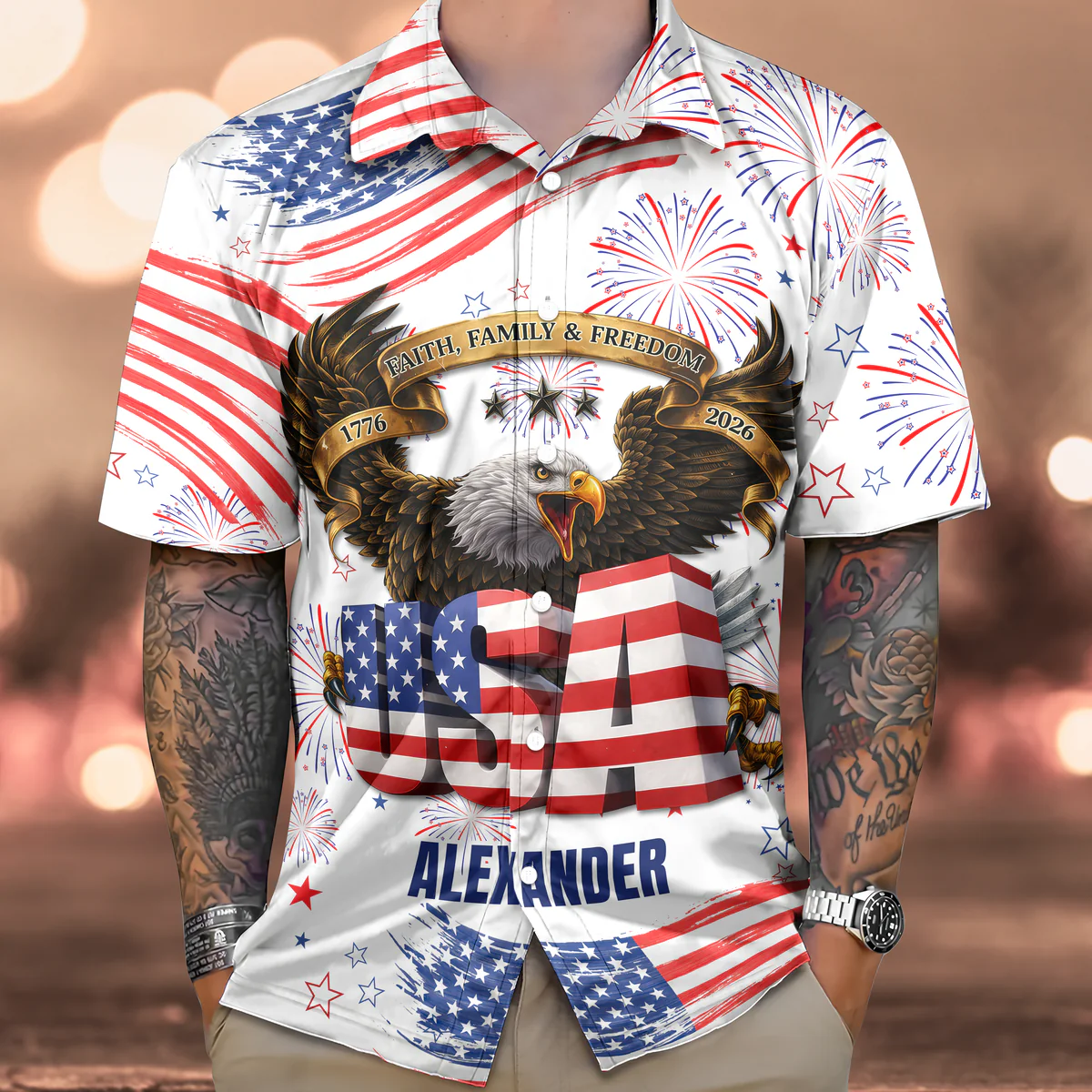 Happy Independence's Day USA Eagle Faith, Family & Freedom - Personalized Hawaiian Shirt - Gift for Dad, Husband, Grandpa HN02